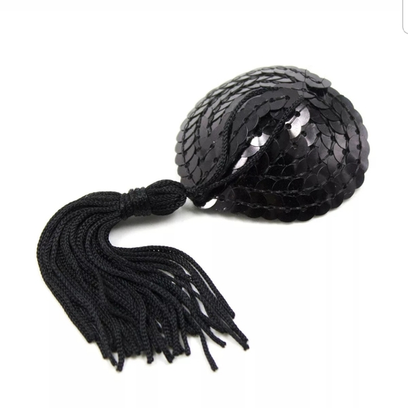 Black Adhesive Lingerie Sequin Tassel Pasties - Picture 3 of 7